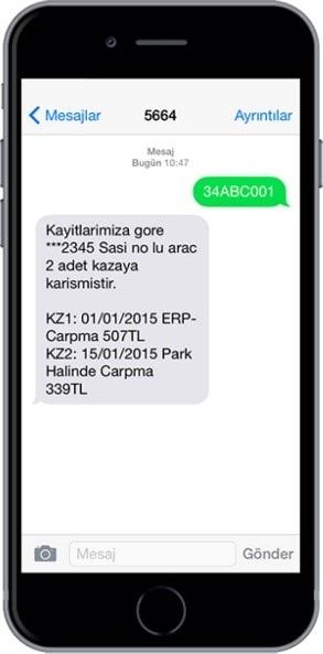 sms ile hasar kaydı sorgulama